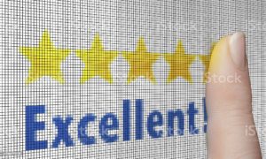persons finger pointing to five star 'excellent' rating